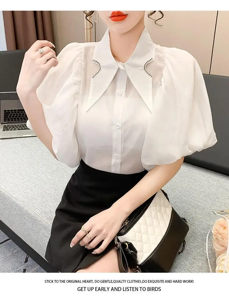 Summer Women's Tops Diamond Point Collar Lantern Short Sleeve White Shirt Korean Fashion Designer Women's Clothing Office