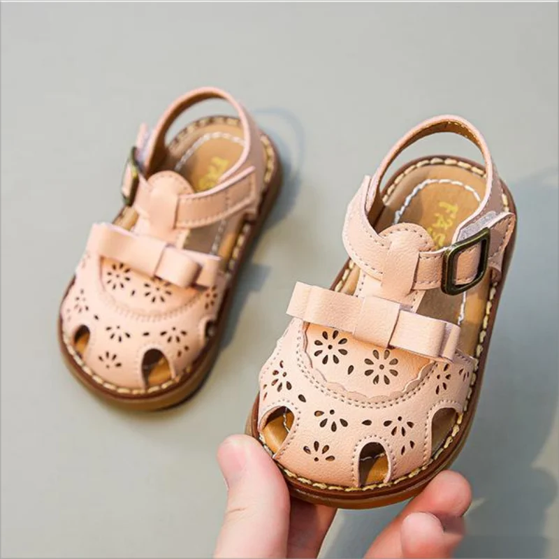 2023  Girl's Summer Sandals Cover Toe Hollow-out Soft Pu Leather Children Sliders Plain Fashion Comfy 21-30 Light Kids Flats