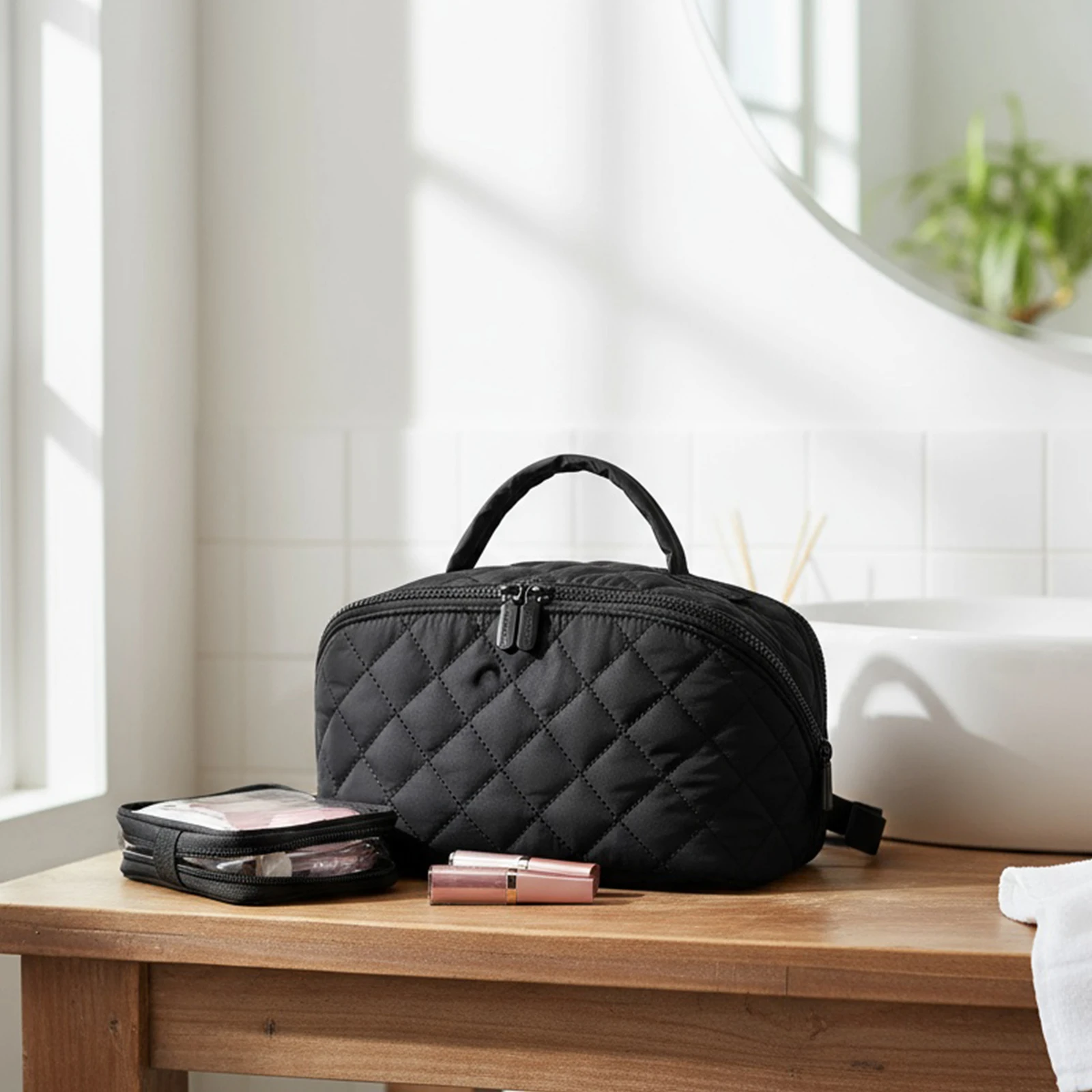 Cotton Travel Makeup Bag with 5 Dedicated Pockets Cosmetic Organizer with Handle for Women Toiletries Accessories Brushes