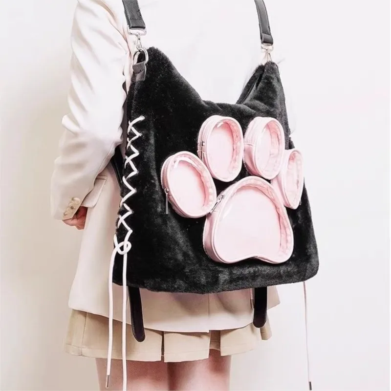 JIAERDI Sweet Cute Cat Claw Backpack Women Plush Soft Large Capacity Handbag Messenger Bag Female Transparent Mochila Aesthetic