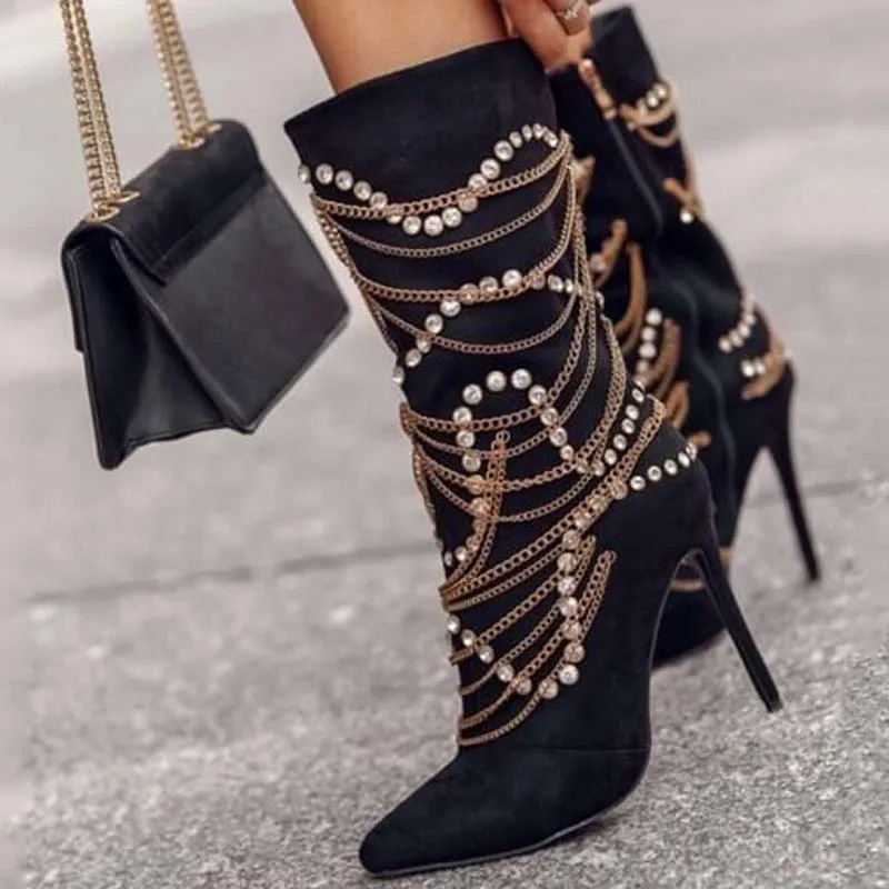 

Autumn Shiny Silver Sequin Rhinestone Short Boots Sexy Pointed Toe Stiletto Chain Catwalk Stage Booties Side Zipper Suede Shoes