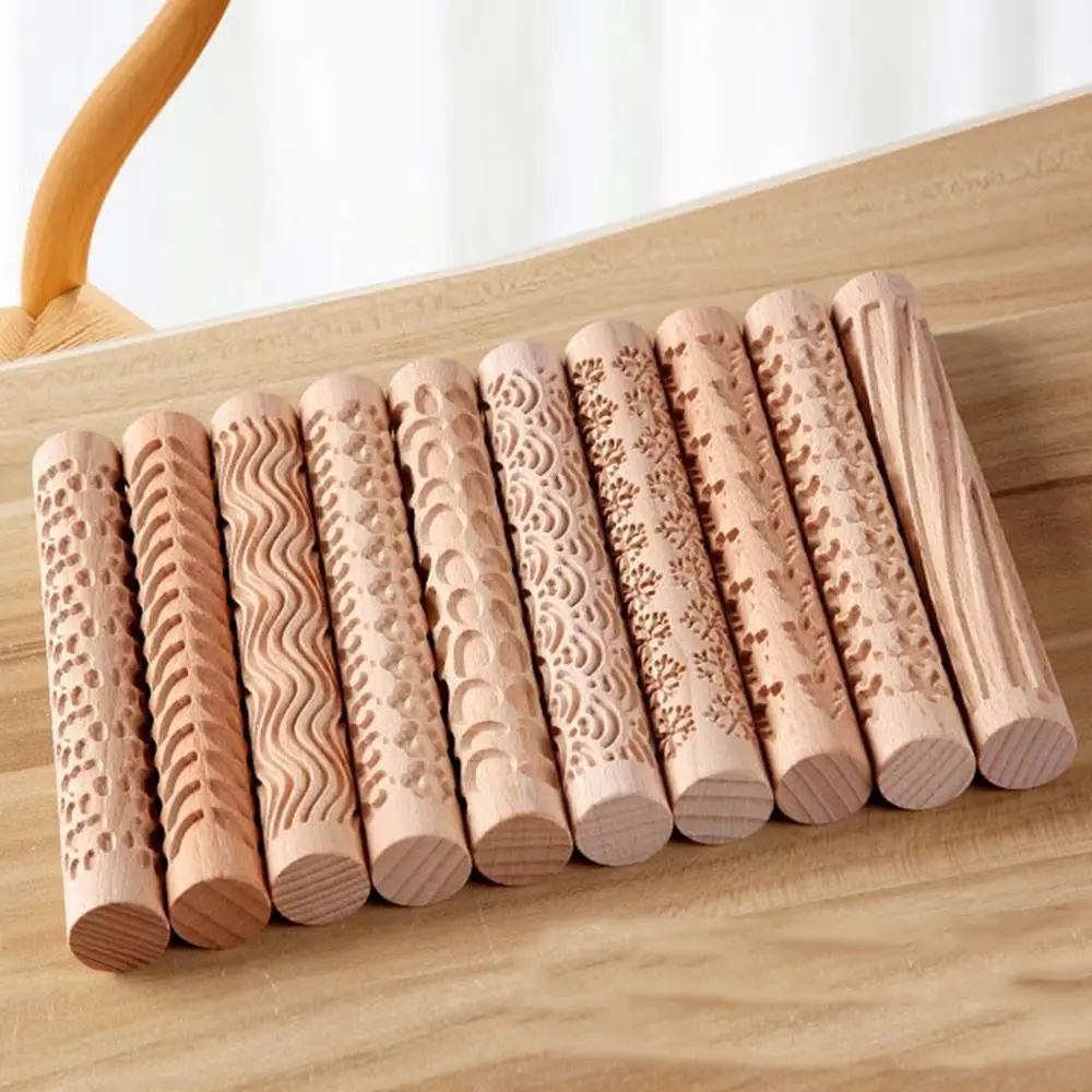Creative Wooden Pressure Roller 3D Pattern DIY Embossed Rolling Pin Non-Stick Durable Texture Roller for Clay Art Supplies