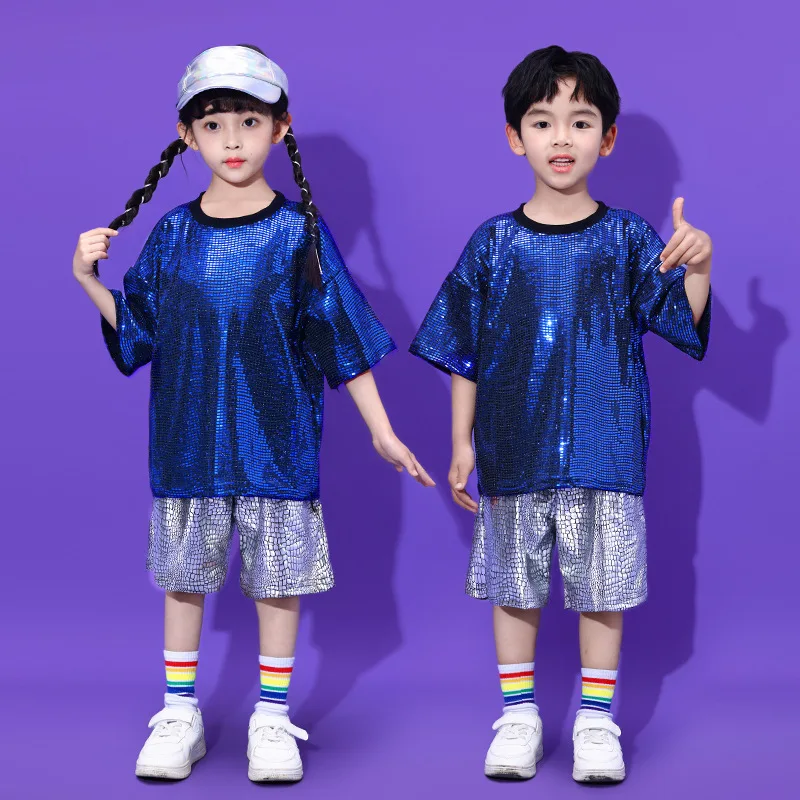 

Hip Hop Boys Sequin Silver T-shirt Shorts Girls Streetwear Kids Street Dance Loose Tee Clothes Sets Children Jazz Stage Costumes