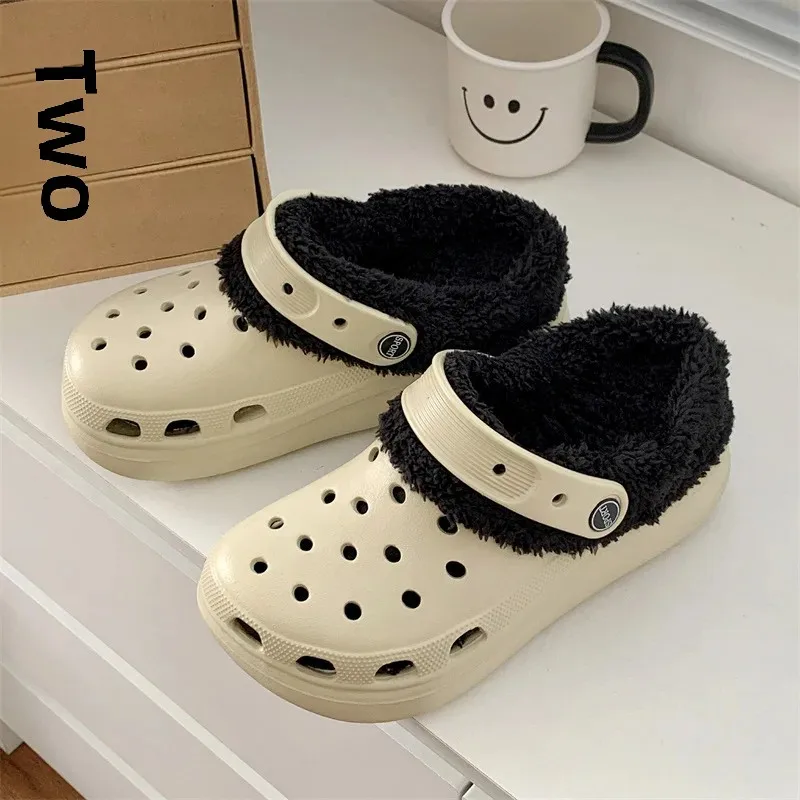 EVAFleece-Lined Women's Sandals Removable Winter Outerwear Thick Base Anti-Slip Casual Headwear Warm Slippers