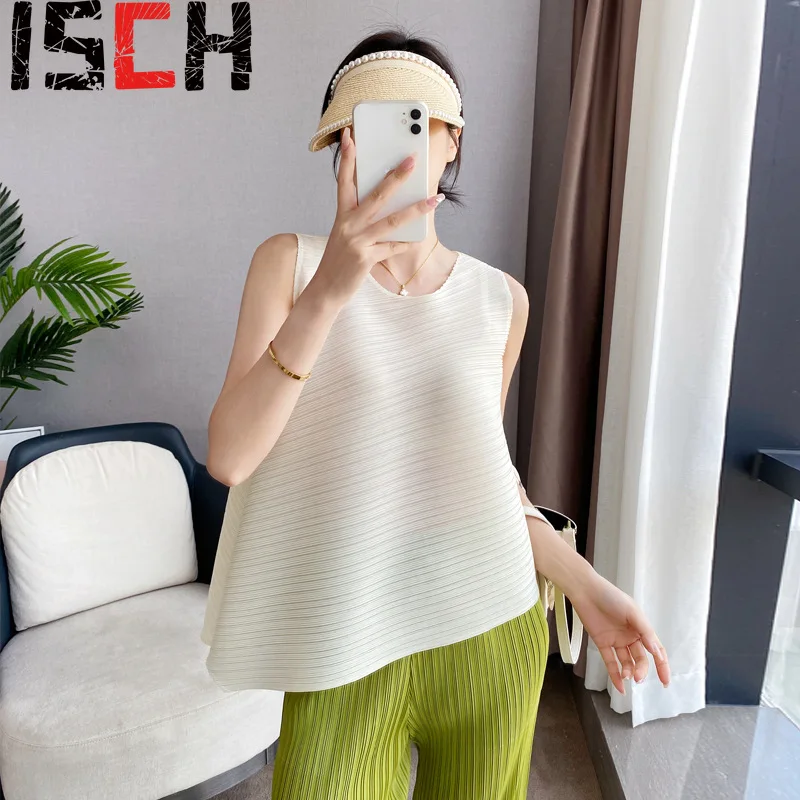 

Женская плиссированная блузка миаке, летняя Асимметричная футболка без рукавов, тонкая универсальная свободная уличная одежда большого размера для отдыха, нижняя рубашка