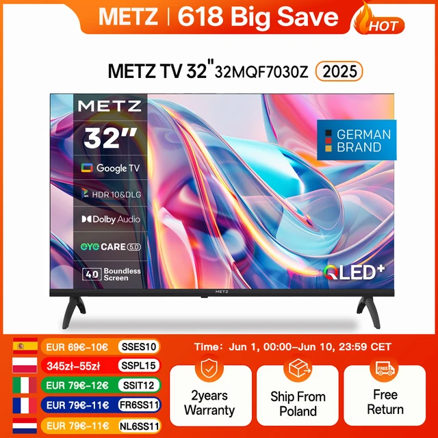 Téléviseur QLED Metz 32 "40" pouces Smart LED Google Tele HDR 10 Dolby Audio Bluetooth 5.1 EyeCare Tuner 2025 32 MQF7030Z 1