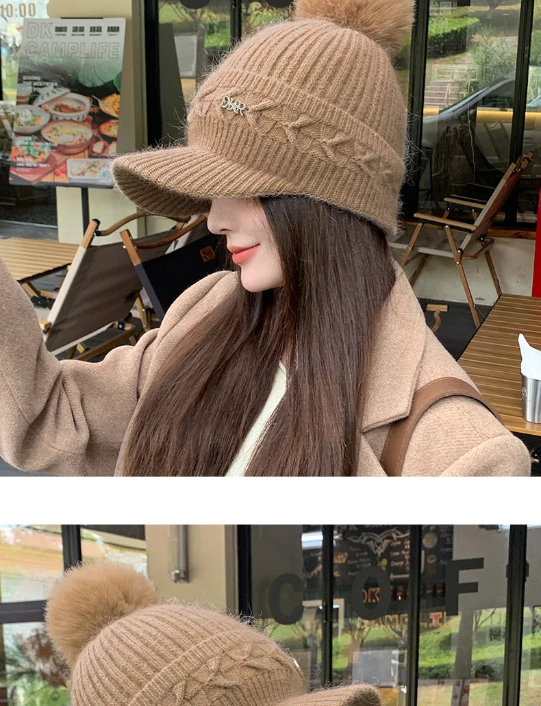 Chapeau tricoté chaud à la mode pour femmes, avec oreillettes, langue de canard, bonnet d'extérieur épais et rembourré en coton, hiver 2023_voghion.com