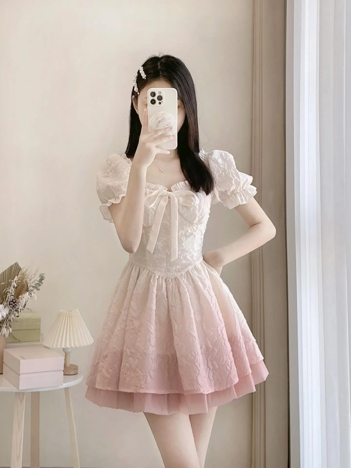 

Summer Fairy Sweet Woman Short Dress Temperament Chic Retro Short Sleeve Square Collar A-Line Puffy Dresses Feminino Dresses