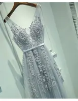 A-line V-neck Tulle Sleeveless Zipper Up Long Prom Applique V Neck Evening Gowns Formal Elegant And Pretty Women's Dresses