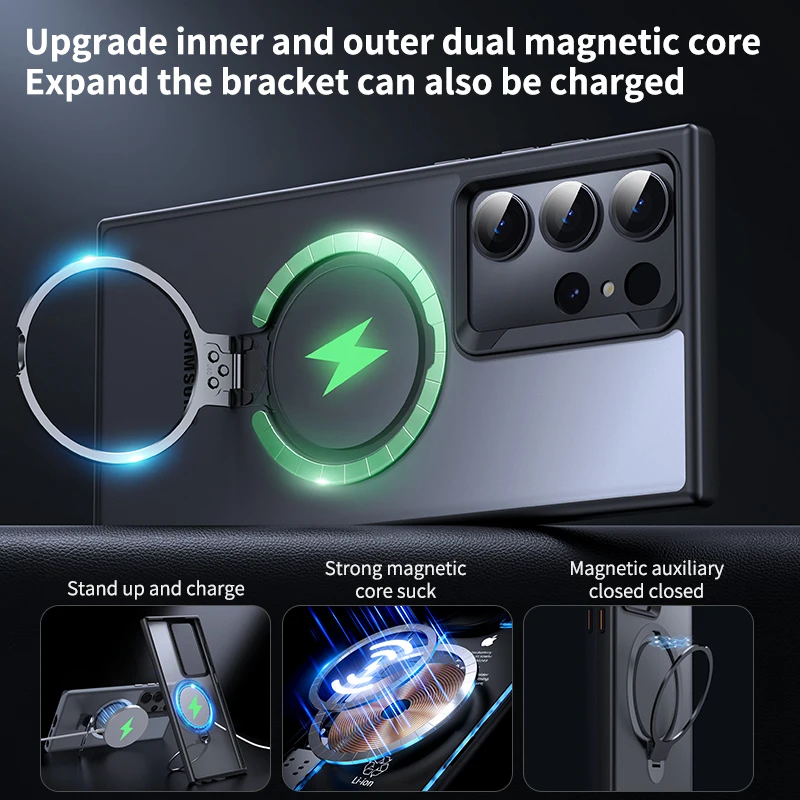 For Samsung Galaxy S24 Plus S23 Ultra Case Translucent Matte Magnetic Wireless Charging Ring Bracket Shockproof Protective Cover