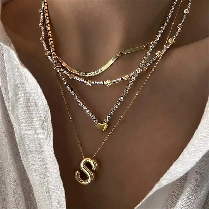 Chunky Bubble Balloon 26 Letter Pendant Neckalce for Women Stainless Steel Chain Gold Plated Initial Alphabet Adjustable Ring