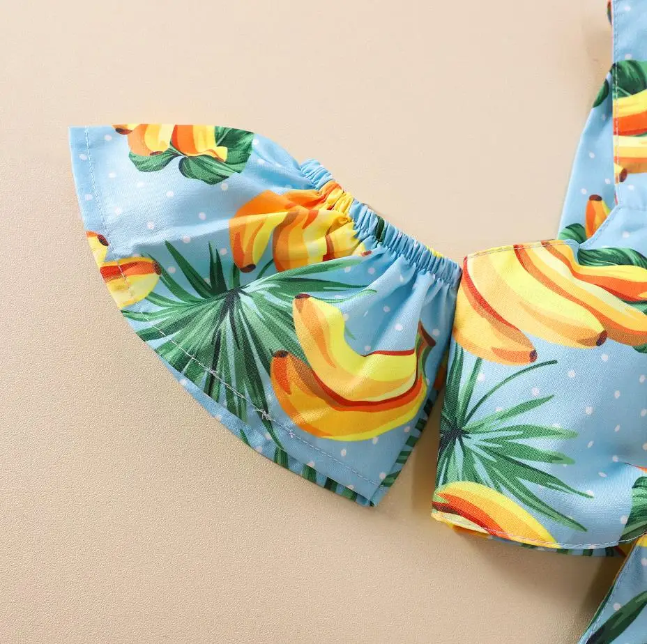 Summer Kid Girl Casual Short Pants Outfits Short Sleeve Pattern Printed Tie Knot Decor Tops Ruffles Decor Shorts Set