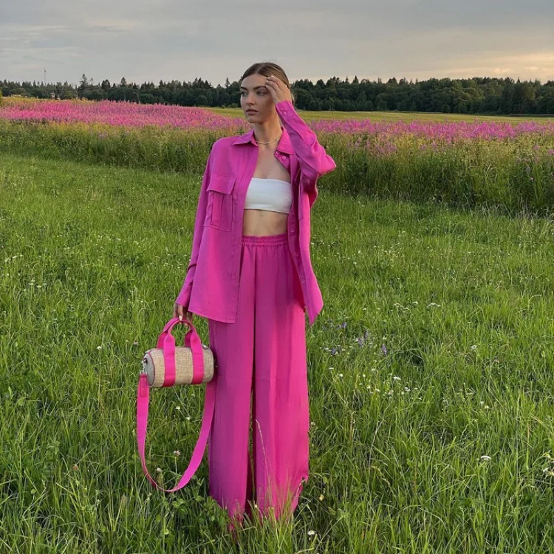 Women's Early Spring New Long-Sleeved Shirt Straight High Waist Pants Casual Loose Two-Piece Suit for WomenWlj