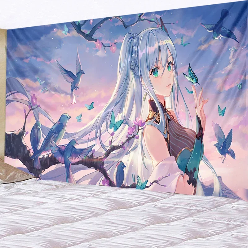 

Синий фон в стиле аниме, ткань, настенная подвеска, волшебный бохо, хиппи, ТАПИС, одеяло для спальни, искусство, домашний декор