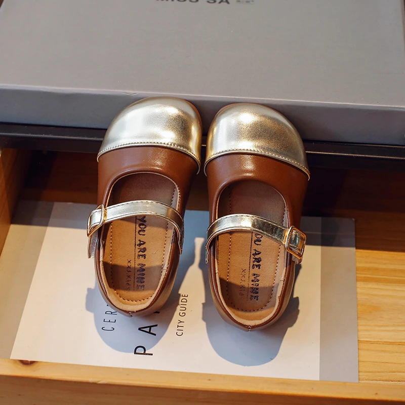 Girls Shoes Kids Leather Shoes Patchwork Mary Jane Gold Toe Princess Shallow Children's Flats Baby Toddlers