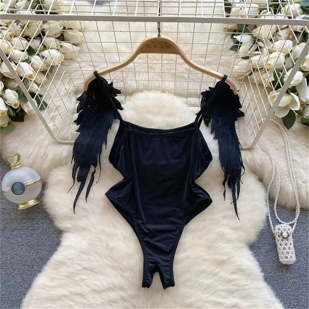 Tempt Sexy Lingerie Lace Mesh Sling Backless Lace Up Slit Shorts Sets Charm Elegant Neck Mounted Top Erotic Flower Decoration