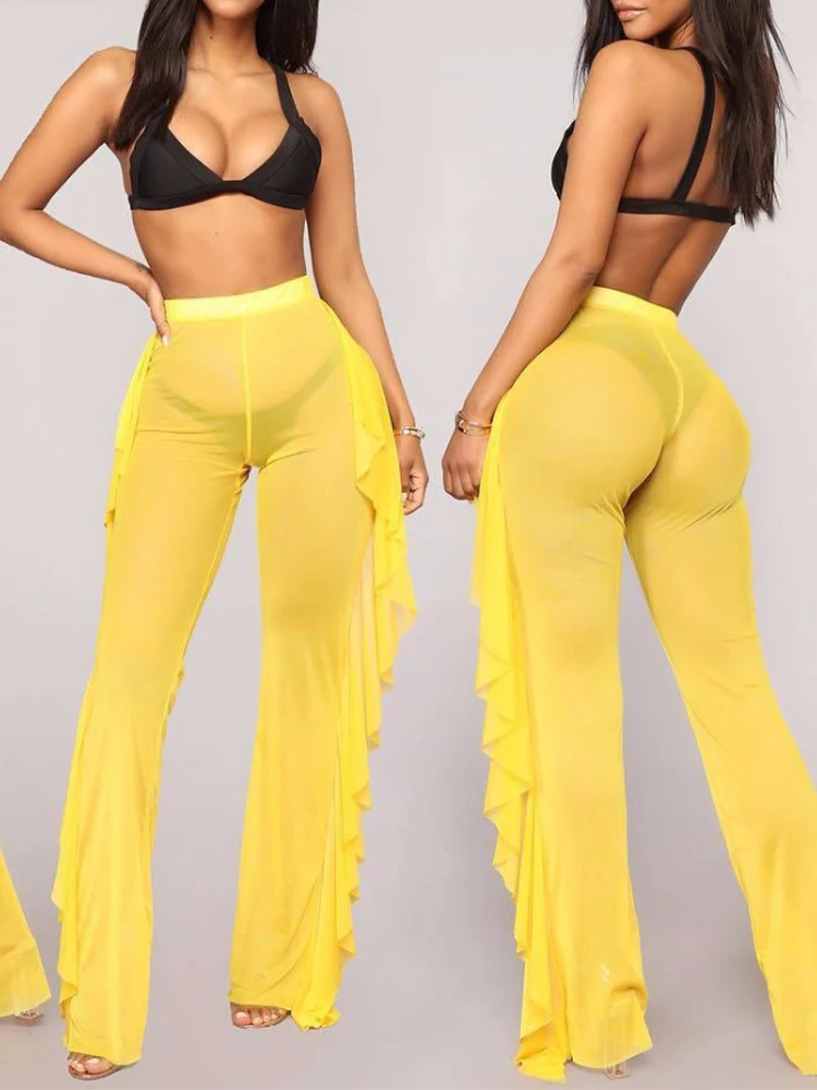 New Sexy Ruffle Women Beach Mesh Pants Sheer Wide Leg Pants