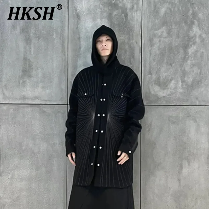 

HKSH Spring Autumn New Dark Show Laser Embroidery Ray RO Style Shirt Chic Casual Coat Men's Punk Fashion Striped Tide Top HK0391