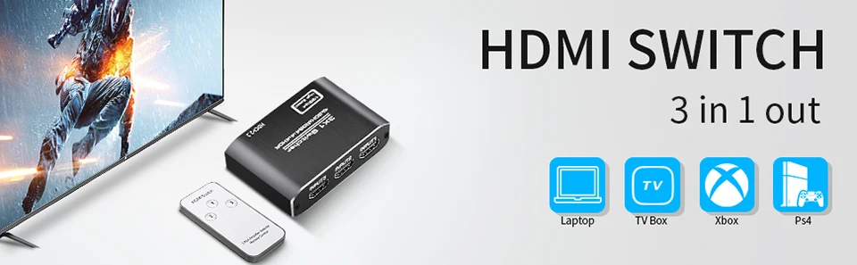 4K HDTV Splitter 3 In 1 Out 3-Port HD Switcher Selector HD Cable Supports Full H