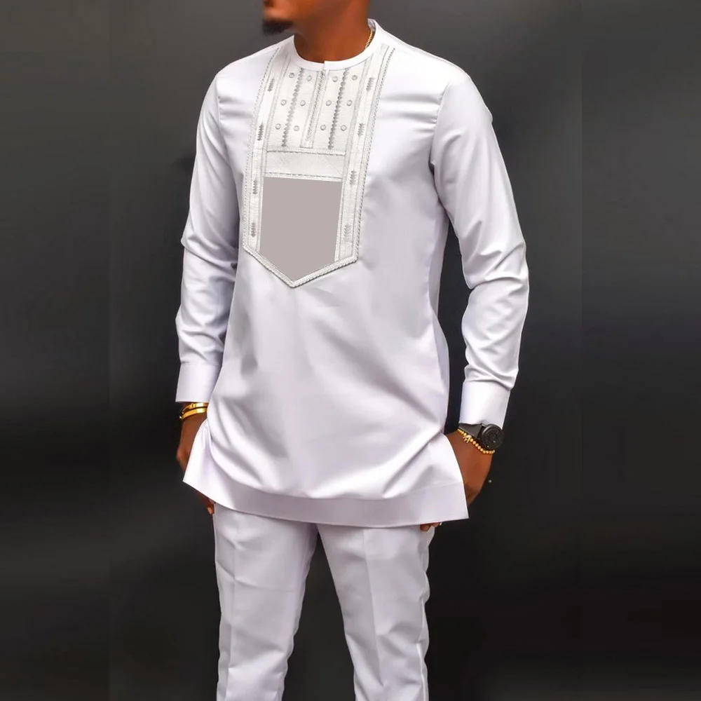 Kaftan Men's Sets Wedding White Groom Suits Webbing Tops Pants African Ethnic Casual Traditional Clothing 2-piece Suit Outfits