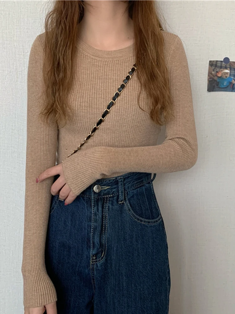 سترة نسائية جديدة لعام 2025 بلوفر بأكمام طويلة للخريف والشتاء سترة أساسية على الموضة برقبة دائرية سترة نسائية شتوية محبوكة متينة 4