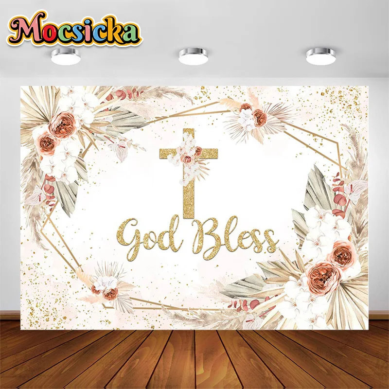 

Pink Flowers God Bless Girl First Holy Communion Photography Background Baby Baptism Newborn Portrait Photocall Backdrop Poster