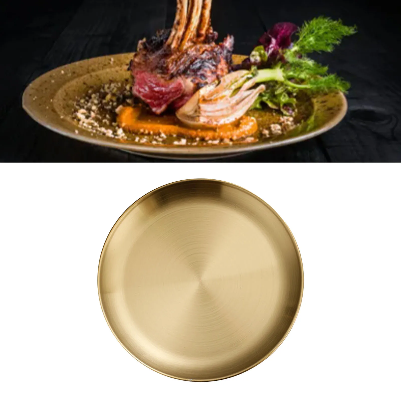 Golden Plate Stainless Steel Plate Golden Metal Round Dinner Dishes Reusable Rustproof Serving Tray for Home Kitchen Party