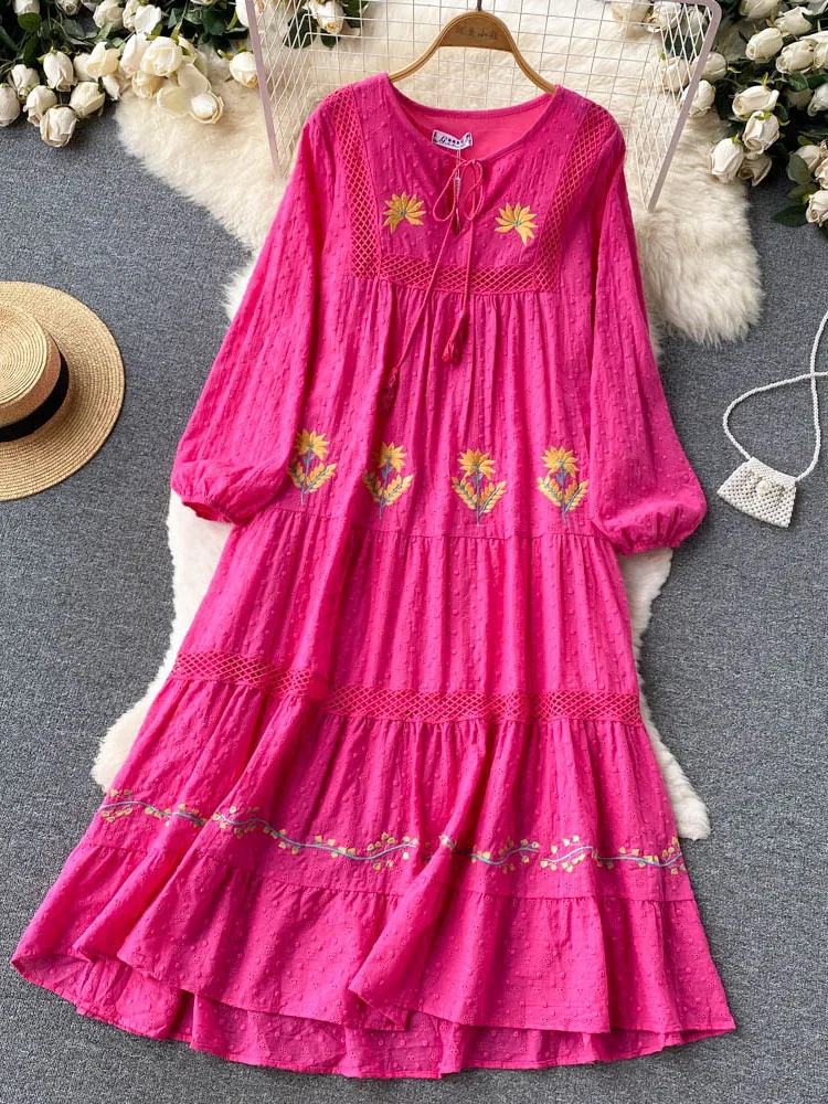 

Spring Autum New Bohemian Holiday Style V Neck Dress Female Puff Sleeves Loose Large Version Mid-length Vestidos Women D1331