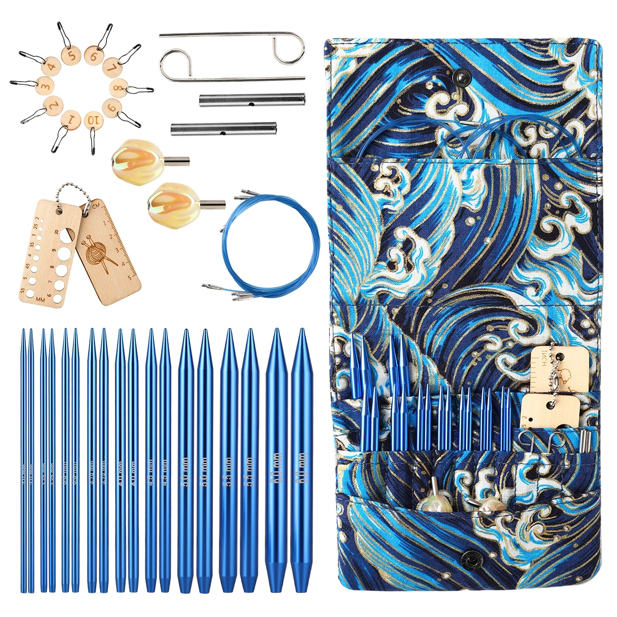 New 18PCS Interchangeable Crochet Needles Set Aluminum Circle Knitting Needles Blue Color Bag with Sewing Tool Accessory Gift