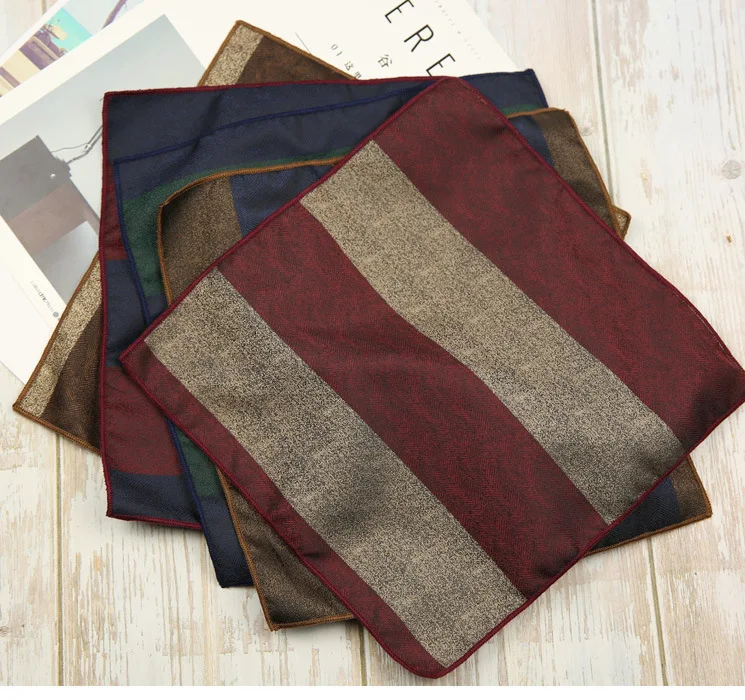 23CM Men Silk Pocket Square Brown Red Striped Handkerchief Business Soft Hanky Wedding Party Suit Accessories Cravat Chest Towel