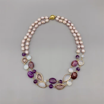 2 Strands Purple Azurite Amethyst Necklace For Women 8-9mm Freshwater Pink Baroque Rice Pearls Moonstone Quartz