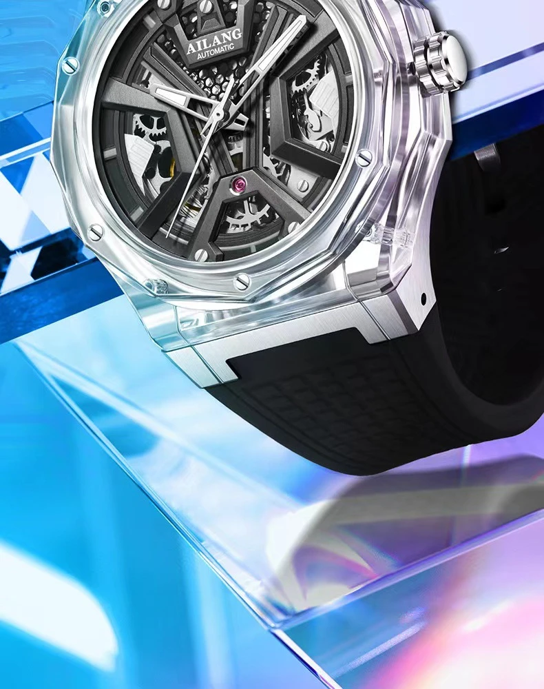 Montre mécanique de sport pour hommes de marque AILANG, bracelet en caoutchouc de luxe, étanche, aiguilles lumineuses, mode squelette, montres automatiques pour hommes_voghion.com