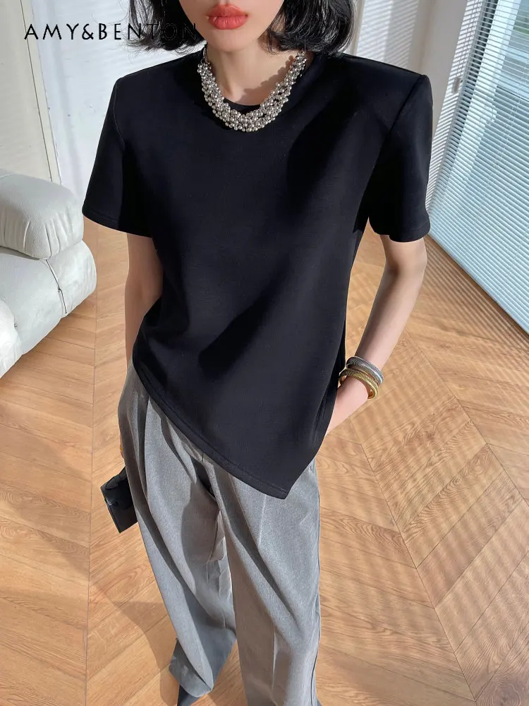 

Black White Irregular Crew Neck Short-Sleeved T-shirt Women's Summer 2023 New Design Sense Unique Chic Top Simple T Shirt