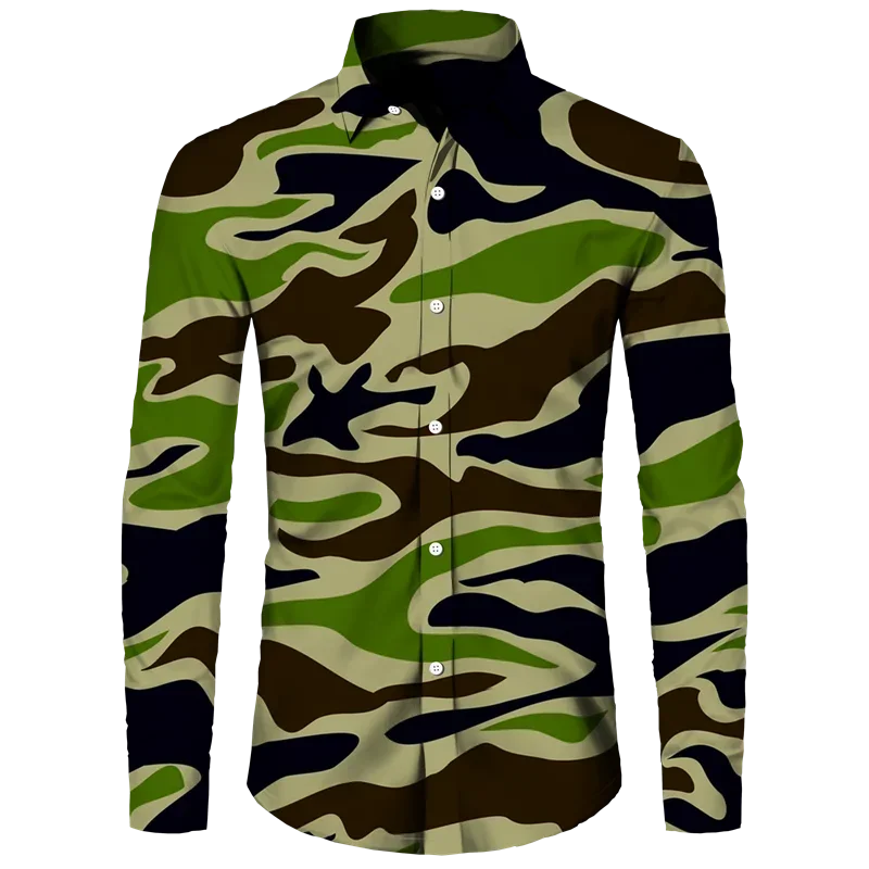 thumbnail image 1 of Camisa de primavera y otoño más nueva para hombre, camiseta de manga larga con estampado 3D de camuflaje, camisa informal con cuello vuelto y botones, camiseta para hombre y mujer, 1 of 5