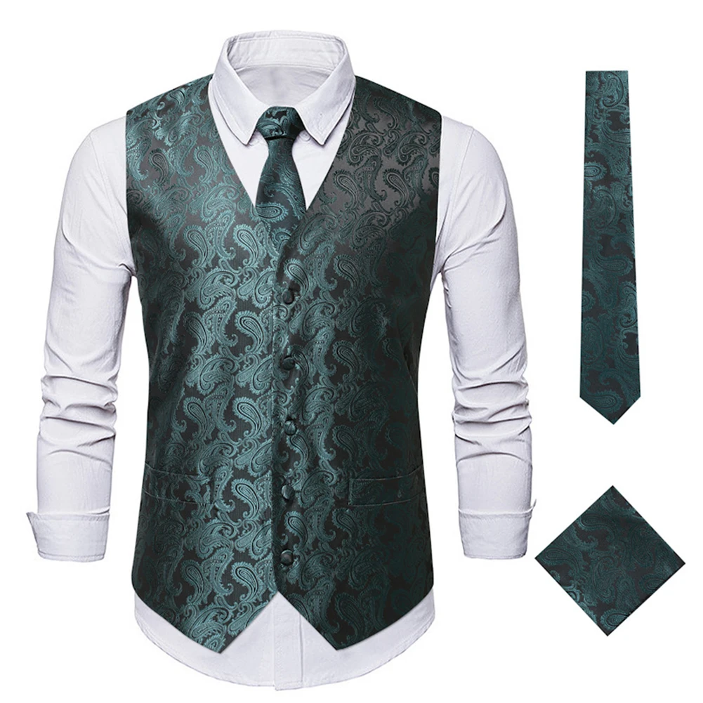 3Pcs/Set Men Suit Vests Square Scarf And Tie Embroidery Single Breasted Men Formal Waistcoat Vest Wedding Suit Set