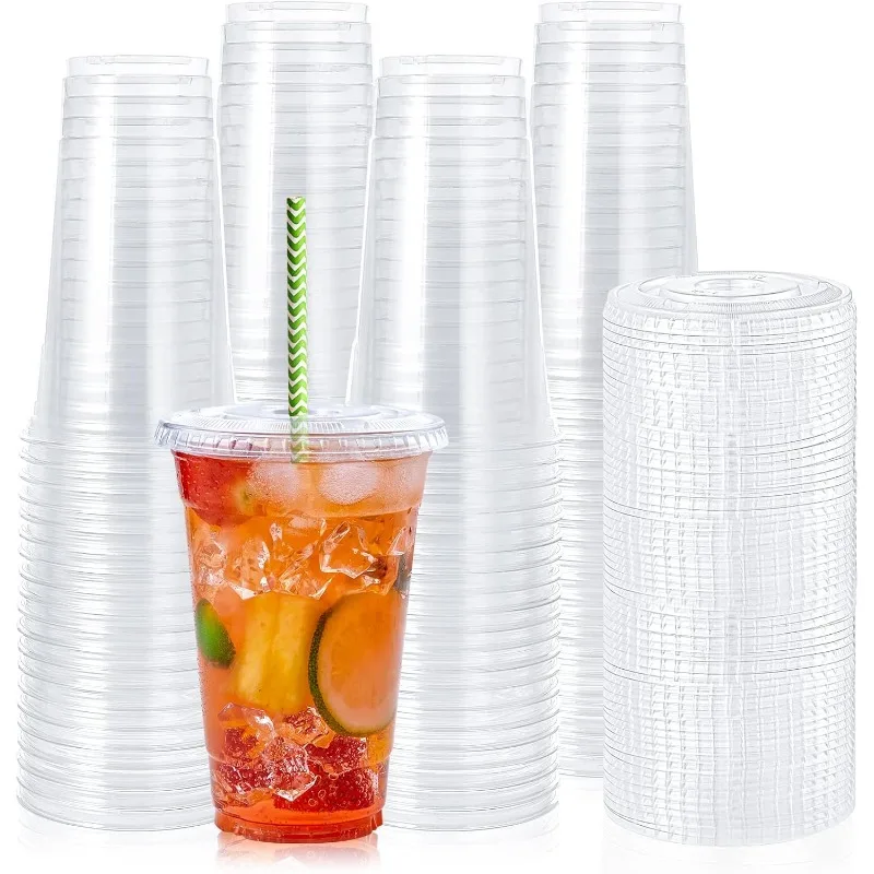 Plastic Cups Disposable 400ml Plastic Cups with Lids Clear PET Snack and Drink Cups Boba Milk Tea and Cold Beverages