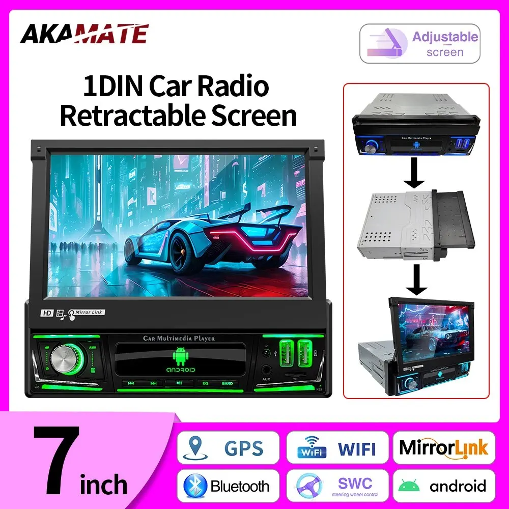 자동차 라디오 개폐식 스크린 멀티미디어 플레이어, AUX, TF, USB, 블루투스 FM 라디오, 스테레오 오토라디오, 안드로이드 13, 7 인치, 1 + 32GB, 1Din