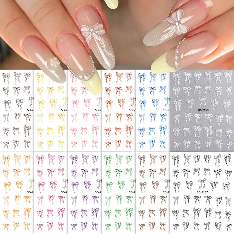 3D French Bowknot Ribbon Nail Stickers Cute White Pink Nail Stickers Self Adhesive Manicure Decorations DIY Nail Accessories 2