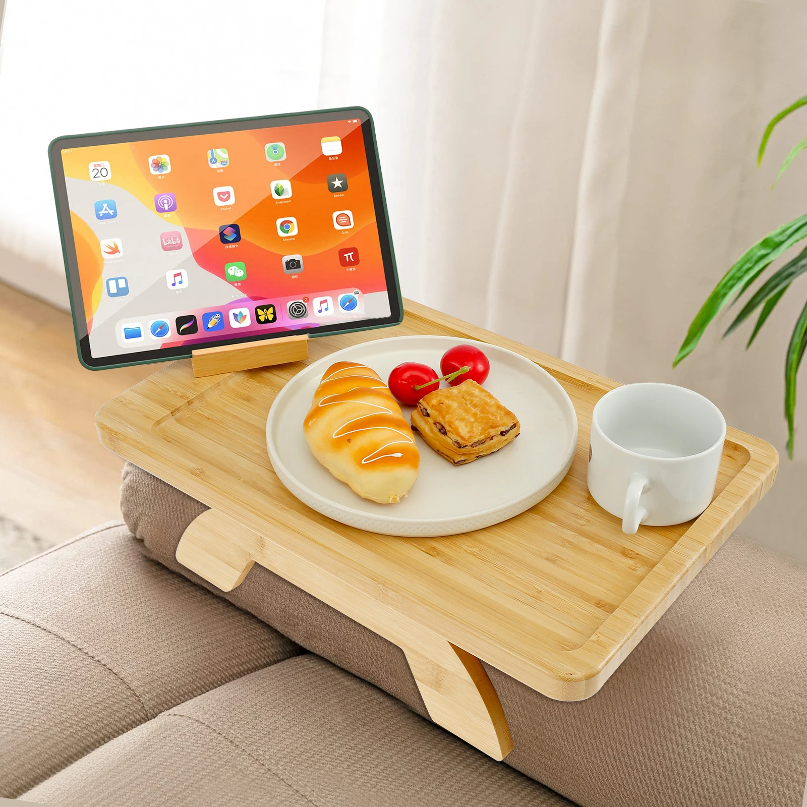 

Sofa Arm Tray Table with 360° Rotating Phone Holder Bamboo Couch Arm Tray Table Space Saving Sofa Clip on Table Foldable Sofa
