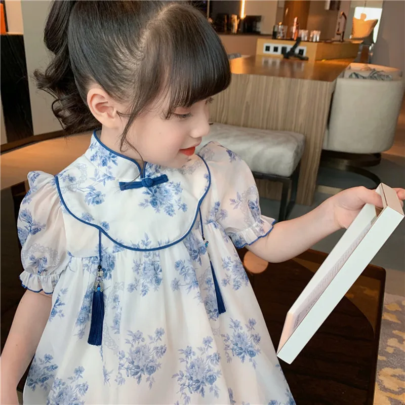 

Летнее цветочное платье Qipao для девочек, женское традиционное этническое платье-Ципао в китайском стиле, детское платье принцессы