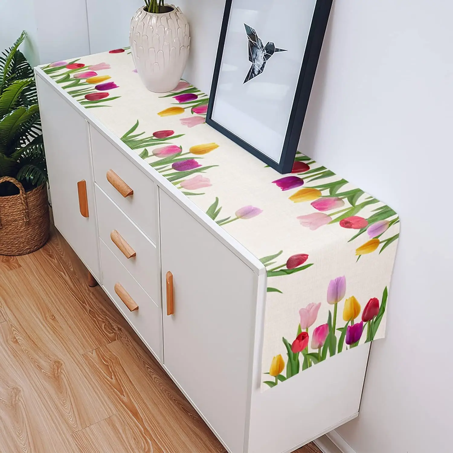 Easter Tulip Flowers Linen Table Runners Dresser Scarves Table Decor Spring Farmhouse Dining Table Runners Wedding Decorations 4