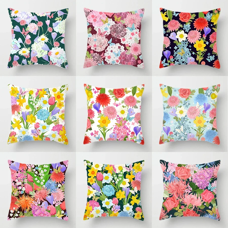 

Yellow Floral Plant European Style Throw Pillow Cover Retro Sofa Decoration Soft Short Plush Cushion