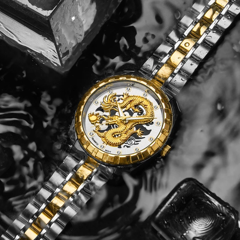 Wlisth Mens Watch 3d Golden Dragon Original Quartz Watch For Man Dragon Dial Waterproof Luminous Date Stainless Steel Watches, Alina Gadgets