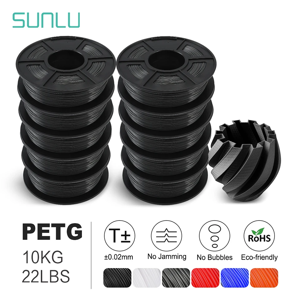 SUNLU PETG 10KG 3D Filament 1.75MM No Bubble Good Toughness Excellent Acid Alkali Weather Resistance Nice Adhesion