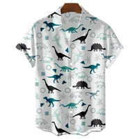 Black And White Simple Men's Shirt Cute Dinosaur Print Men's Clothing Lapel Oversized Short Sleeve Shirt Fashion Street Tops 1