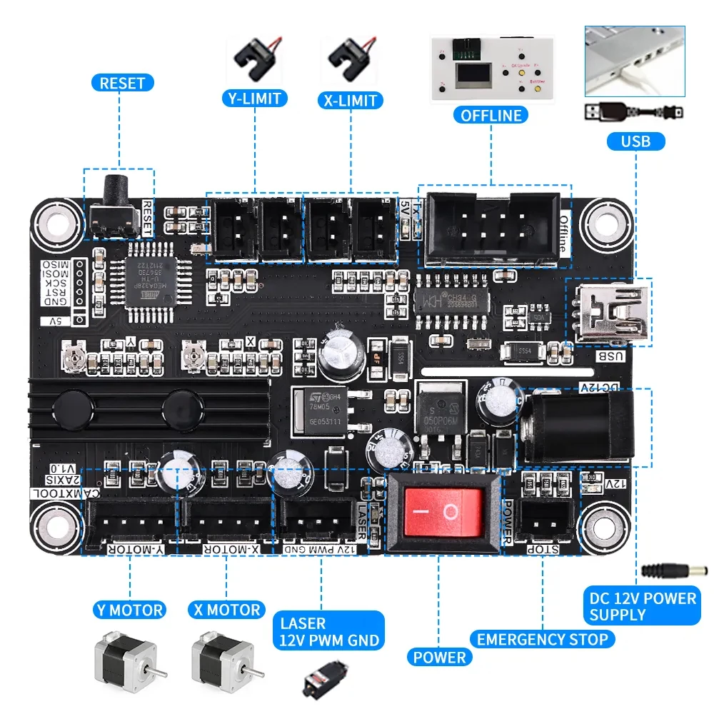 2축 레이저 조각기 제어 보드 Type-C 포트 2축 통합 드라이버 GRBL USB 포트 레이저 조각기용 메인 보드