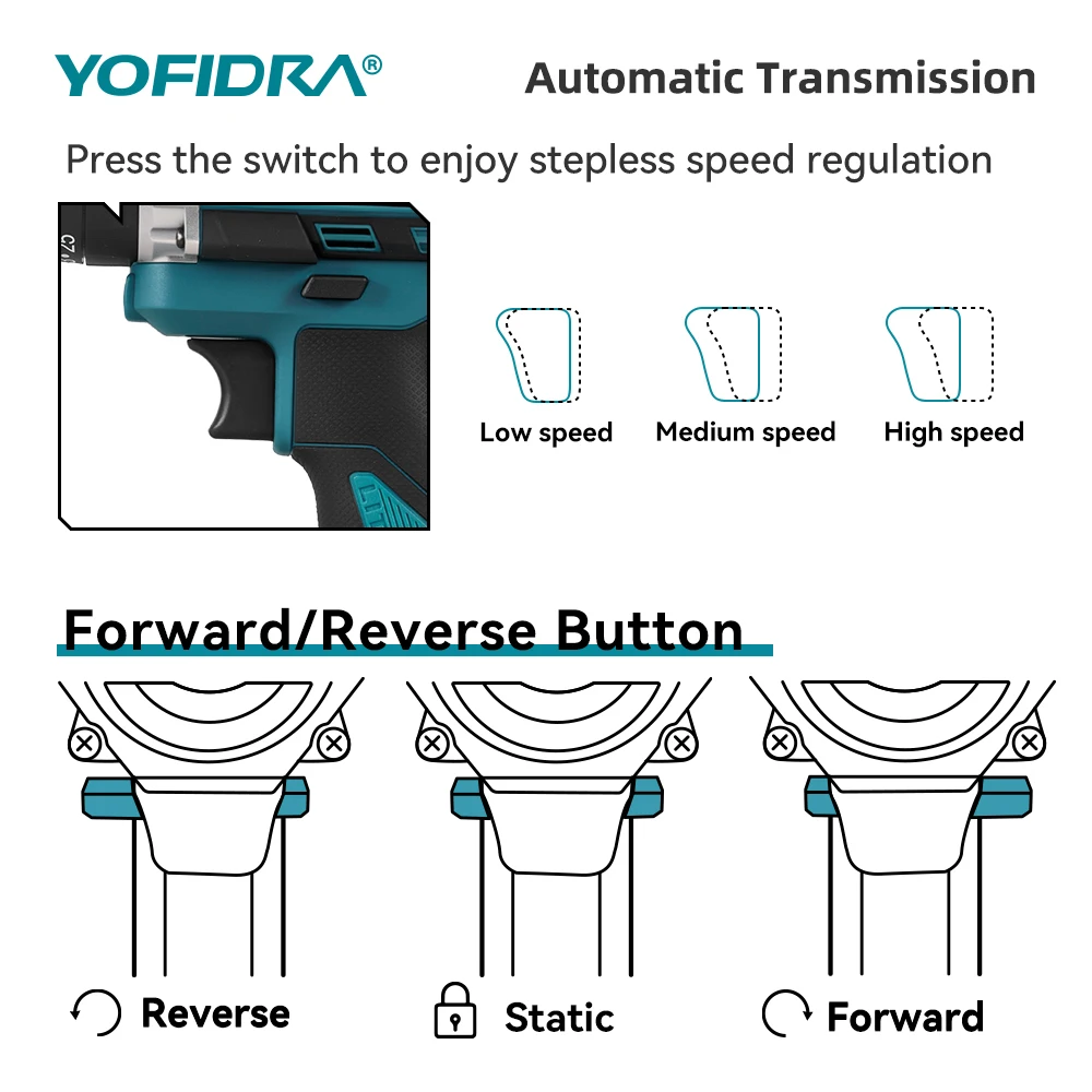 YOFIDRA 25+3 Drehmoment Elektrischer Schlagbohrer Handgeführter Kabelloser 3-in-1 Schlagbohrer Holzbearbeitungs-Elektrowerkzeug für Makita 21V Akku – Detail 9