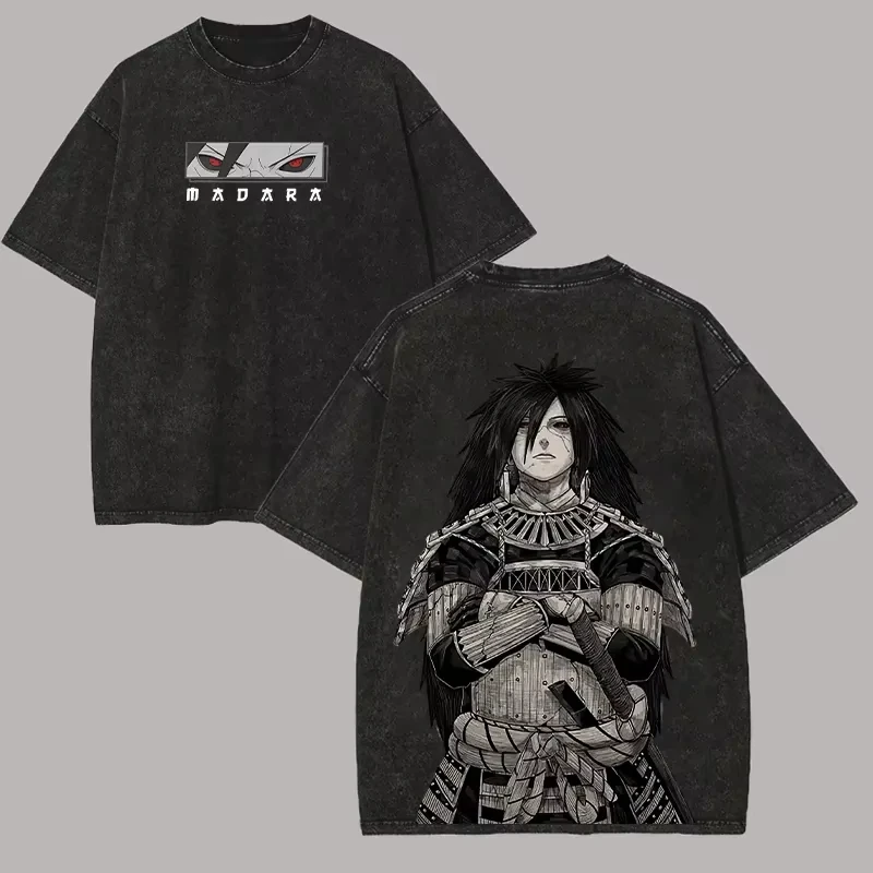 Uchiha Itachi Retro Wash T-Shirt with Sharingan Back Print, 100% Cotton, Comfortable Loose Fit
