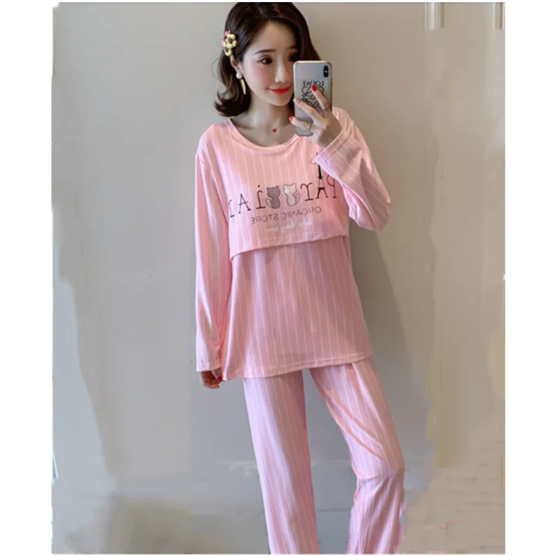 Breastfeeding Maternity Women Nightgown Spring Long Sleeve Top+Pant 2pcs Nursing Pajama For Pregnancy Women Sleepwear B0021 Cotton Pajama Set Breastfeeding Nightgown Maternity Nightgown Set
