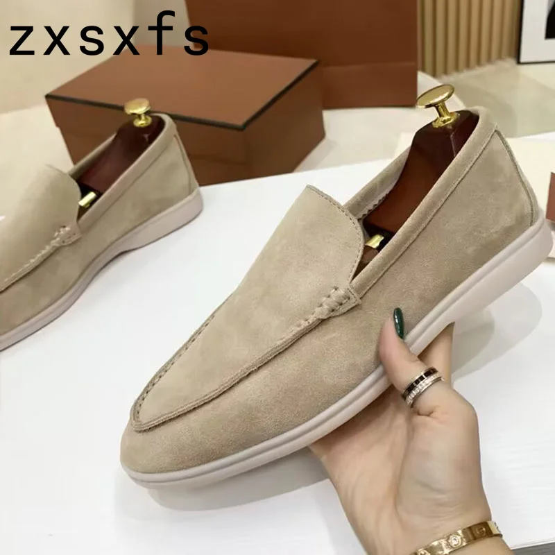 

Hot Cow Suede Leather Flat Loafers Women Men Lover's Causal Shoes Summer Walk Mules Round Toe Flat Shoes for Women Men Size 47